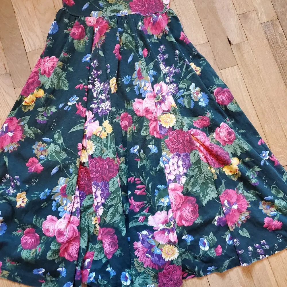Vintage 80's Forest Green Floral A Line Fit and Flare Half Sleeve Midi Dress - Picture 11 of 12